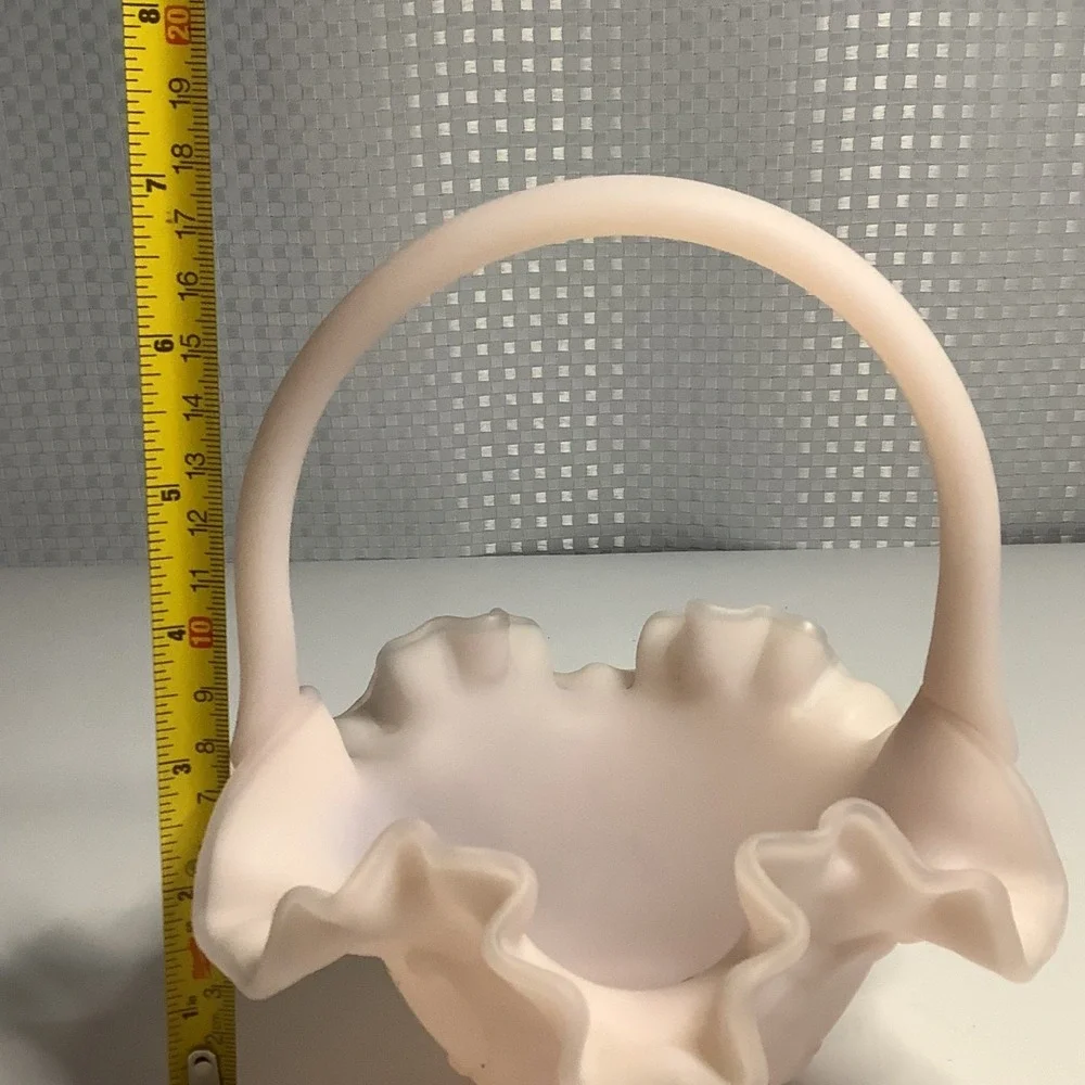 Fenton Pink Satin Glass Basket Ruffle Hearts & Flowers Hand Painted w/ Signature